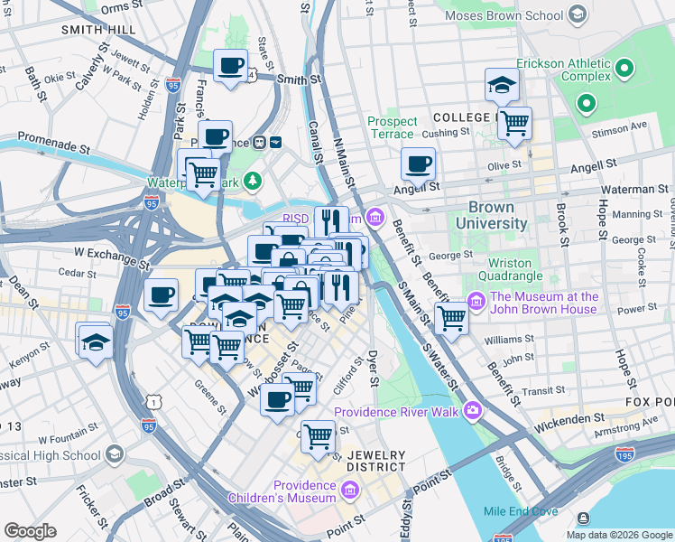 map of restaurants, bars, coffee shops, grocery stores, and more near in Providence