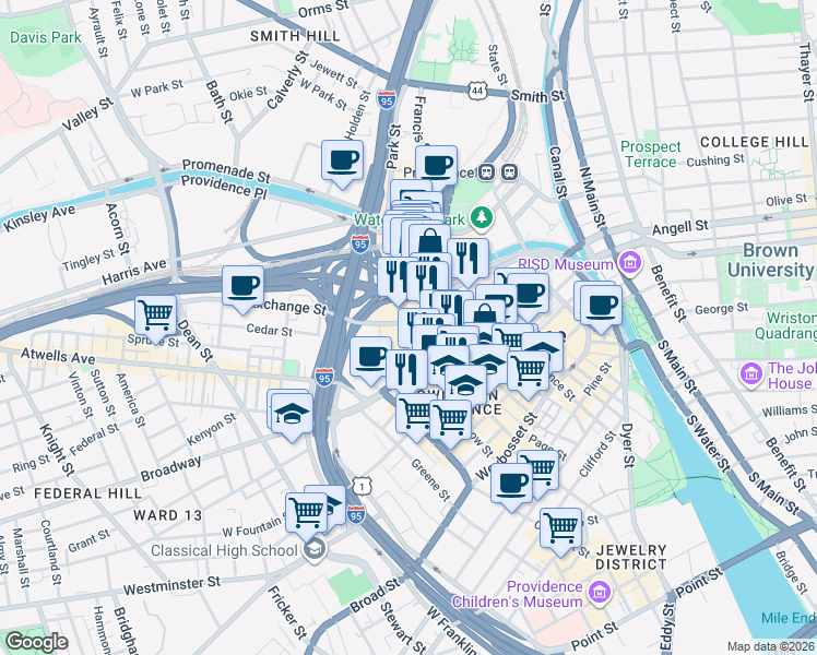 map of restaurants, bars, coffee shops, grocery stores, and more near in Providence
