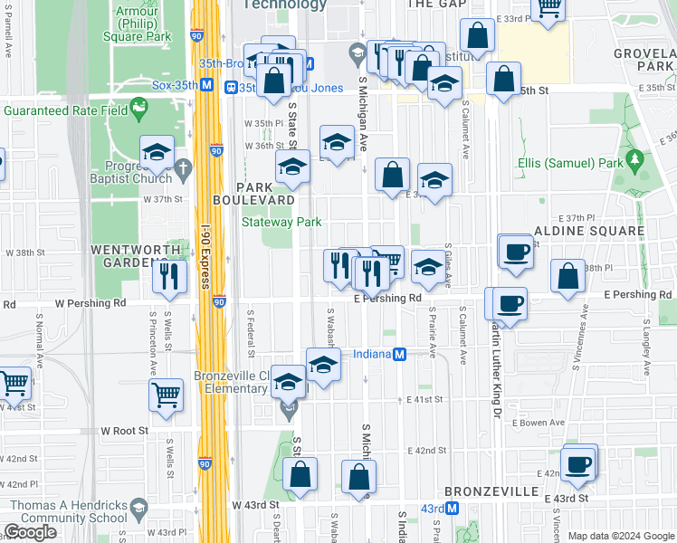 map of restaurants, bars, coffee shops, grocery stores, and more near 3837 South Wabash Avenue in Chicago