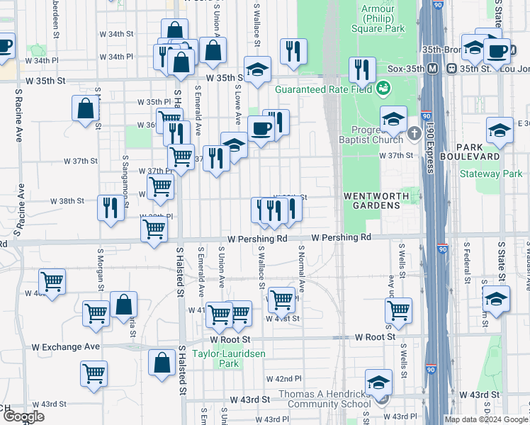 map of restaurants, bars, coffee shops, grocery stores, and more near 3831 South Wallace Street in Chicago