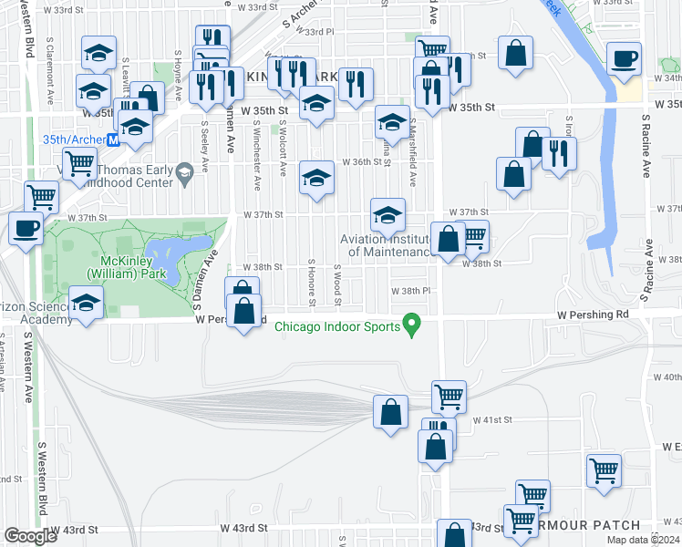 map of restaurants, bars, coffee shops, grocery stores, and more near 3814 South Wood Street in Chicago