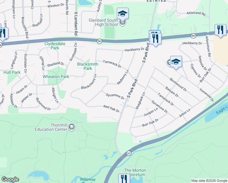 map of restaurants, bars, coffee shops, grocery stores, and more near 22W782 Sycamore Drive in Glen Ellyn