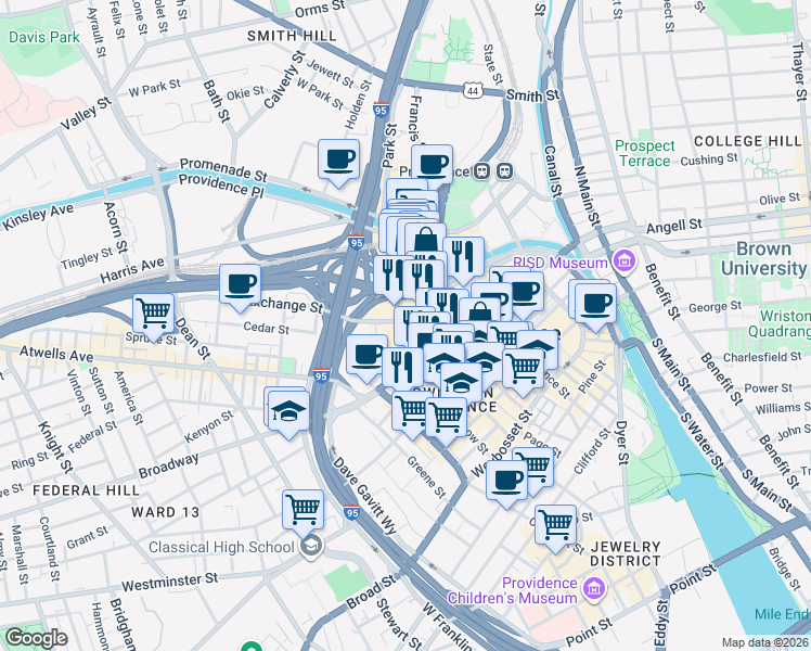 map of restaurants, bars, coffee shops, grocery stores, and more near in Providence