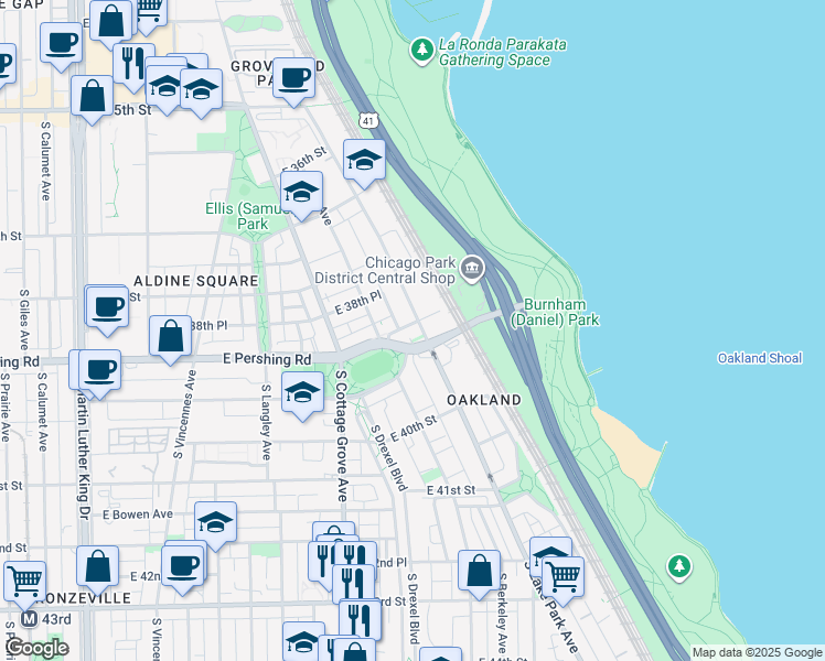 map of restaurants, bars, coffee shops, grocery stores, and more near 865 East Pershing Road in Chicago