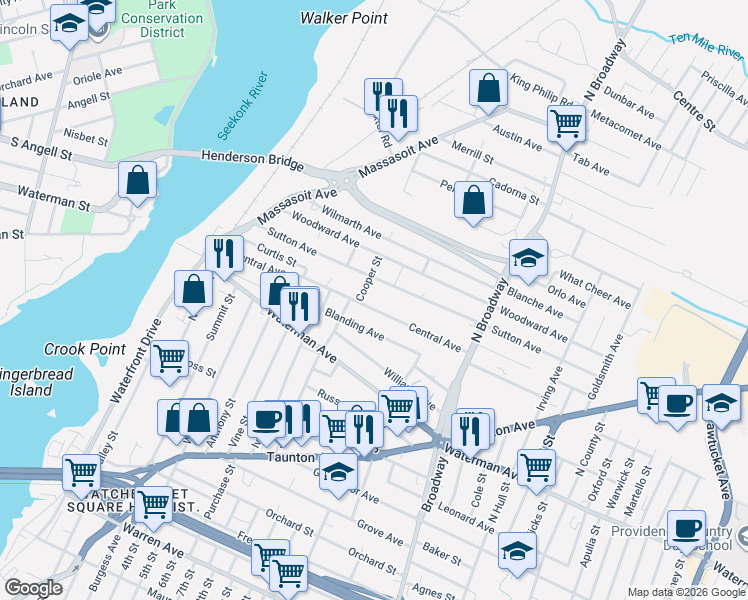 map of restaurants, bars, coffee shops, grocery stores, and more near 167 Central Avenue in East Providence