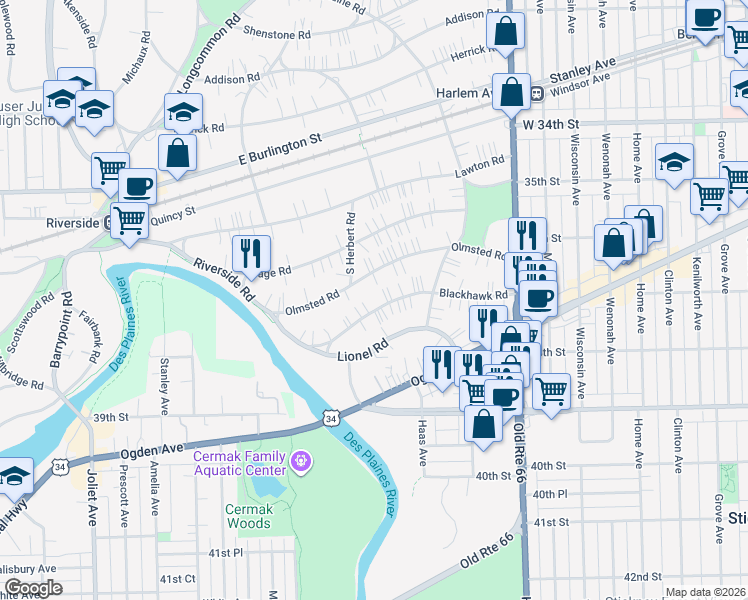 map of restaurants, bars, coffee shops, grocery stores, and more near 284 Blackhawk Road in Riverside