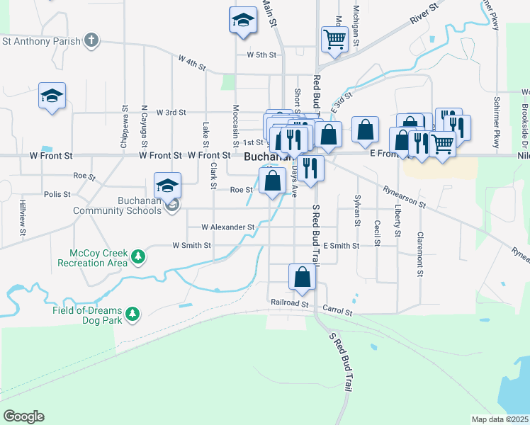 map of restaurants, bars, coffee shops, grocery stores, and more near 304 South Oak Street in Buchanan