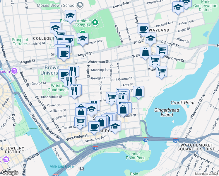 map of restaurants, bars, coffee shops, grocery stores, and more near 120 Governor Street in Providence