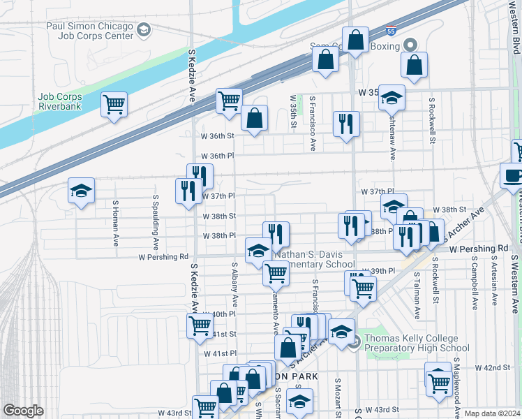 map of restaurants, bars, coffee shops, grocery stores, and more near 3018 West 38th Street in Chicago