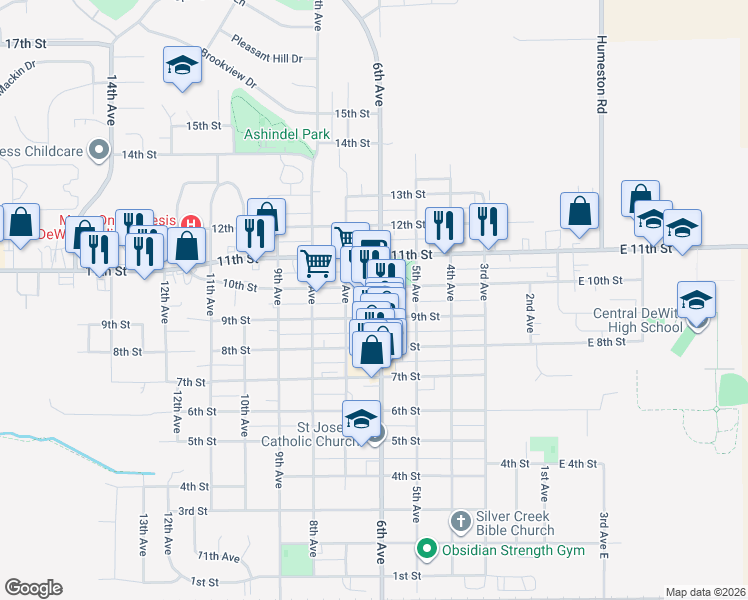 map of restaurants, bars, coffee shops, grocery stores, and more near 618 9th Street in DeWitt
