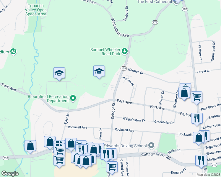 map of restaurants, bars, coffee shops, grocery stores, and more near 254 Park Avenue in Bloomfield