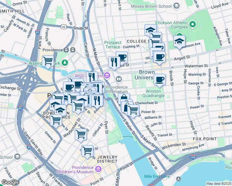 map of restaurants, bars, coffee shops, grocery stores, and more near 72 South Main Street in Providence
