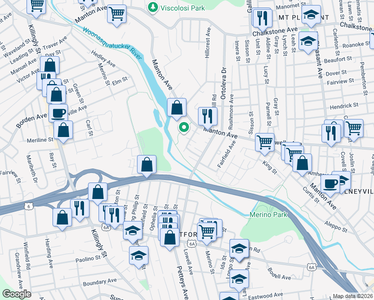 map of restaurants, bars, coffee shops, grocery stores, and more near 57 Riverdale Street in Providence