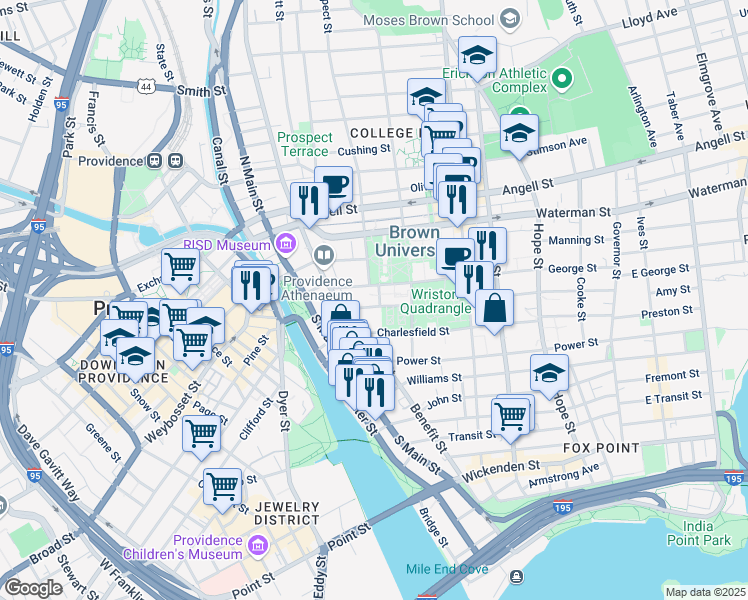 map of restaurants, bars, coffee shops, grocery stores, and more near 1 Benevolent Street in Providence