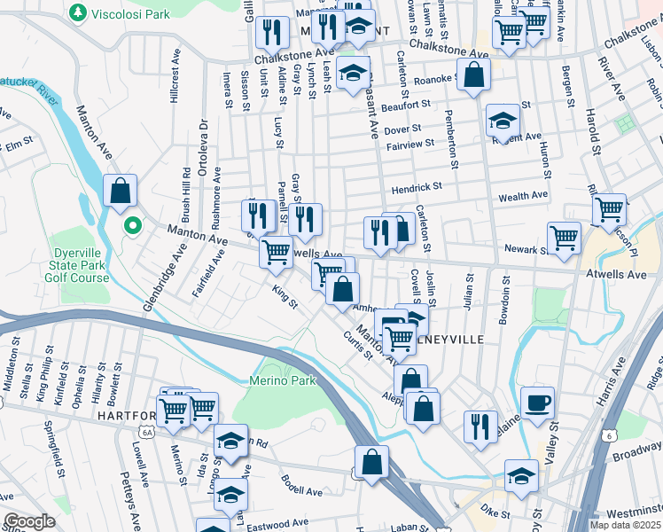 map of restaurants, bars, coffee shops, grocery stores, and more near 34 Erastus Street in Providence