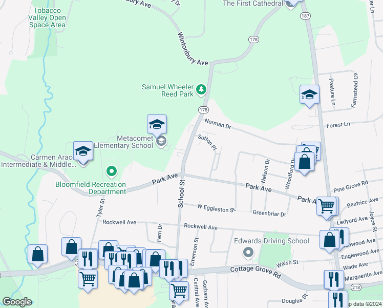 map of restaurants, bars, coffee shops, grocery stores, and more near 152 Connecticut 178 in Bloomfield