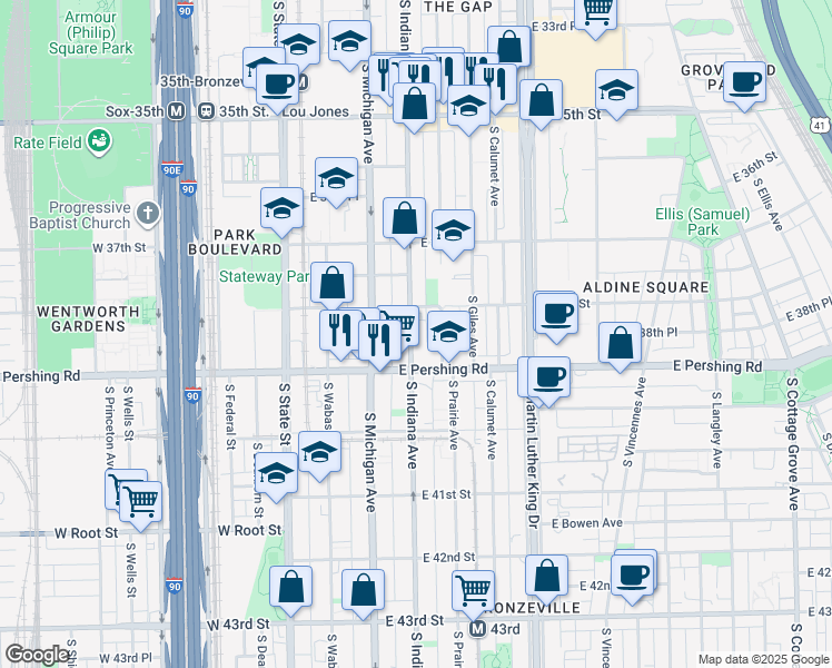 map of restaurants, bars, coffee shops, grocery stores, and more near 3837 South Indiana Avenue in Chicago