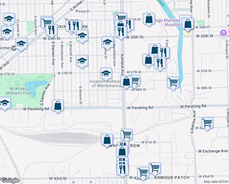 map of restaurants, bars, coffee shops, grocery stores, and more near 1616 West 38th Place in Chicago