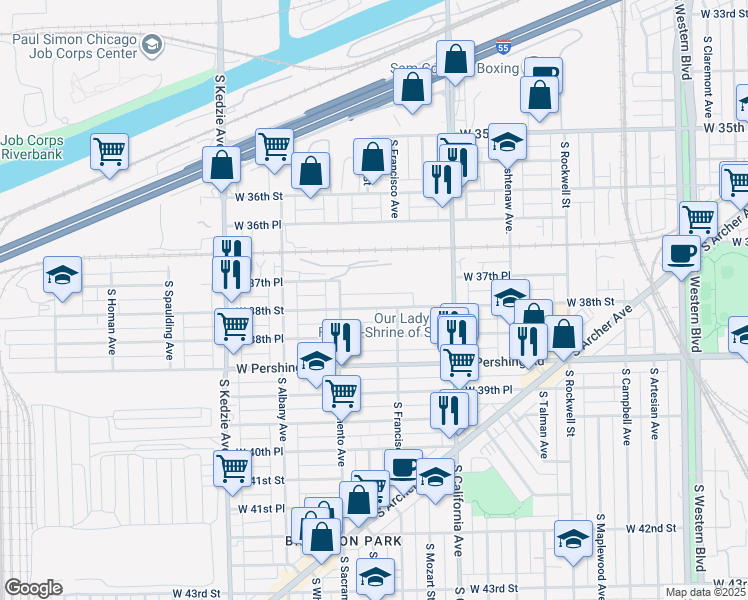 map of restaurants, bars, coffee shops, grocery stores, and more near 2907 West 38th Street in Chicago