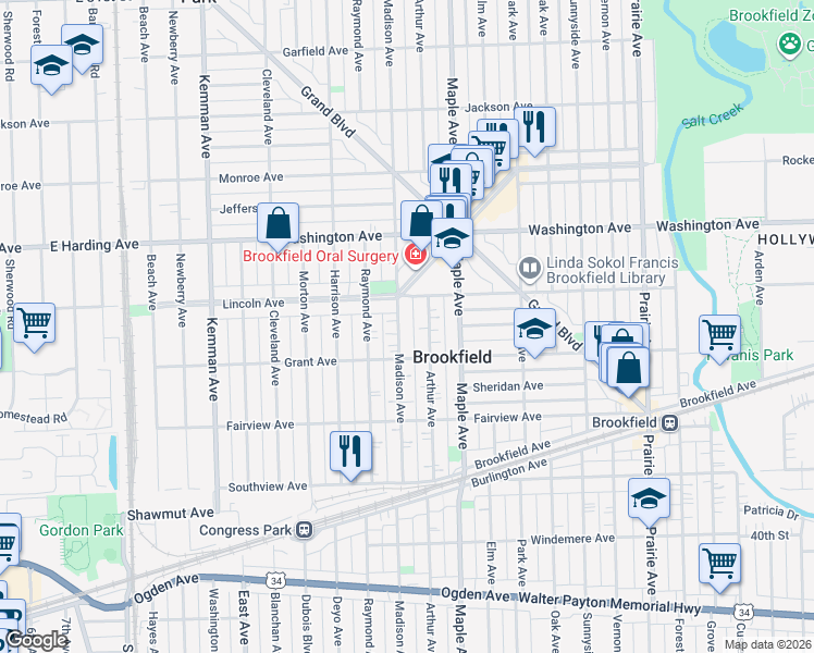 map of restaurants, bars, coffee shops, grocery stores, and more near 3633 Madison Avenue in Brookfield