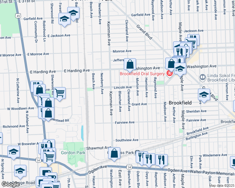 map of restaurants, bars, coffee shops, grocery stores, and more near 3631 Kemman Avenue in Brookfield