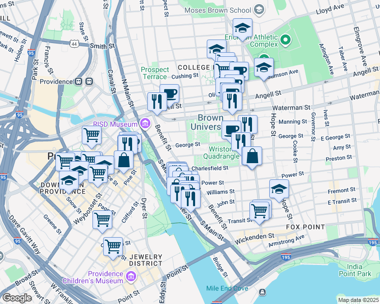 map of restaurants, bars, coffee shops, grocery stores, and more near 12 Benevolent Street in Providence