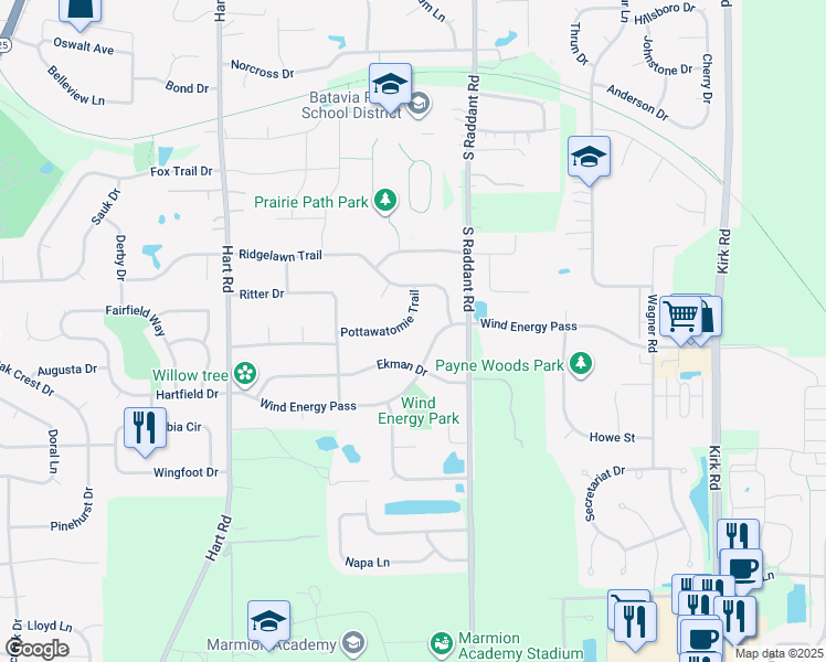 map of restaurants, bars, coffee shops, grocery stores, and more near 963 Wind Energy Pass in Batavia