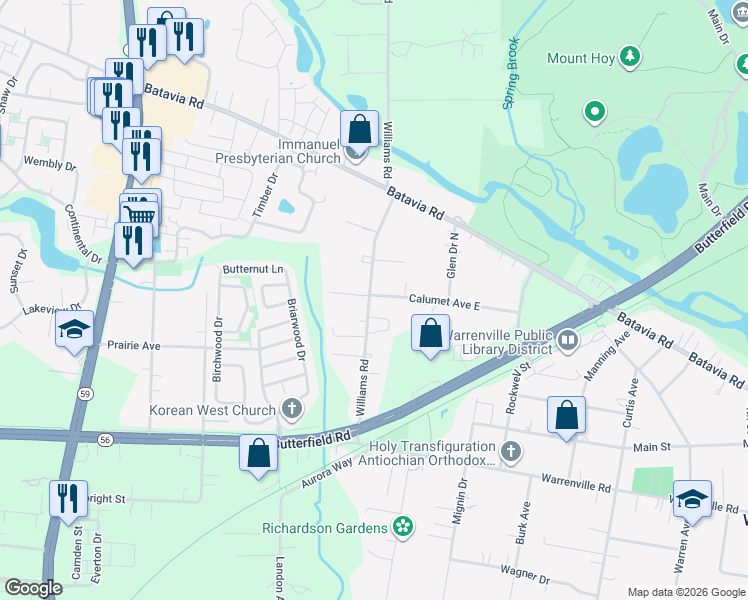 map of restaurants, bars, coffee shops, grocery stores, and more near 29W221 Calumet Avenue East in Warrenville