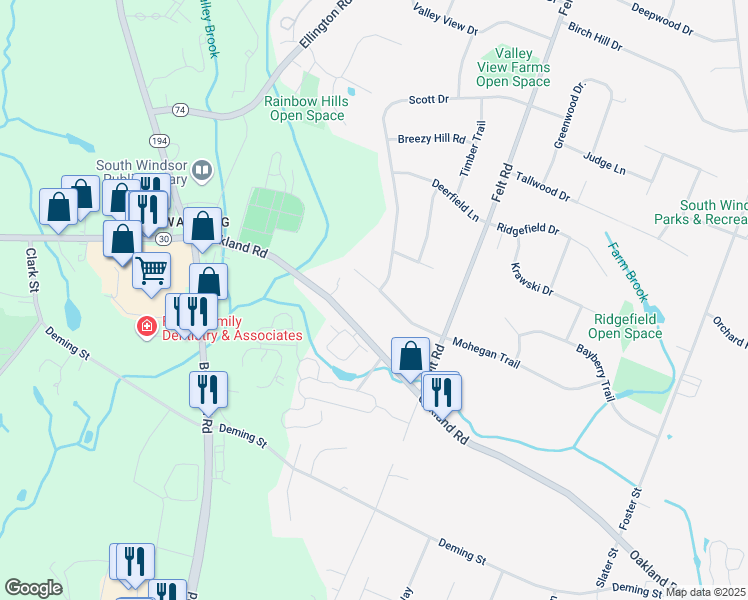 map of restaurants, bars, coffee shops, grocery stores, and more near 80 Farm Brook Lane in South Windsor