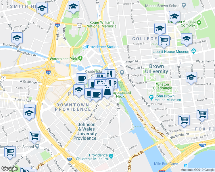 map of restaurants, bars, coffee shops, grocery stores, and more near Westminster Street & Weybosset Street in Providence
