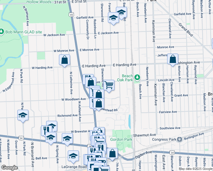 map of restaurants, bars, coffee shops, grocery stores, and more near 510 Sherwood Road in La Grange Park