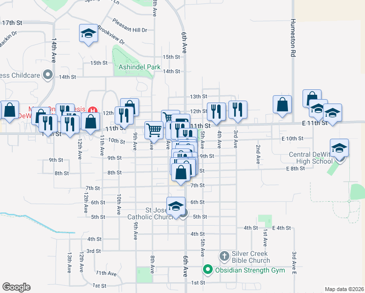 map of restaurants, bars, coffee shops, grocery stores, and more near in DeWitt