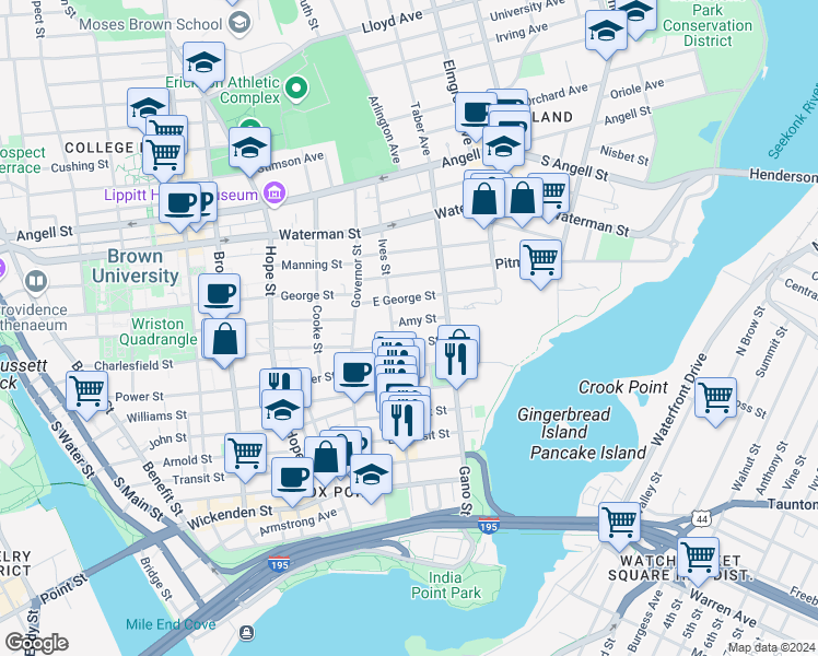 map of restaurants, bars, coffee shops, grocery stores, and more near 11 Amy Street in Providence