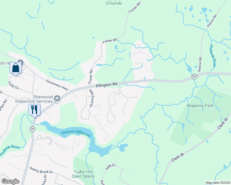 map of restaurants, bars, coffee shops, grocery stores, and more near 208 Twin Circle Drive in South Windsor