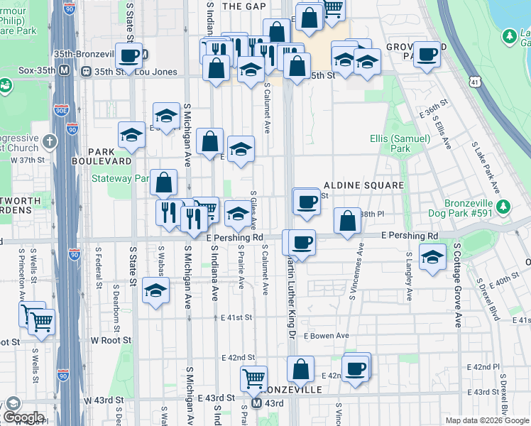 map of restaurants, bars, coffee shops, grocery stores, and more near 3837 South Calumet Avenue in Chicago