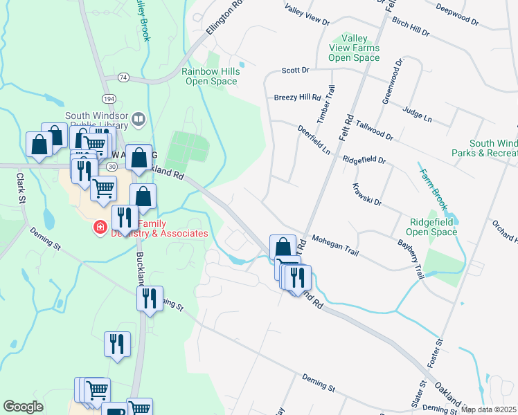 map of restaurants, bars, coffee shops, grocery stores, and more near 80 Farm Brook Lane in South Windsor