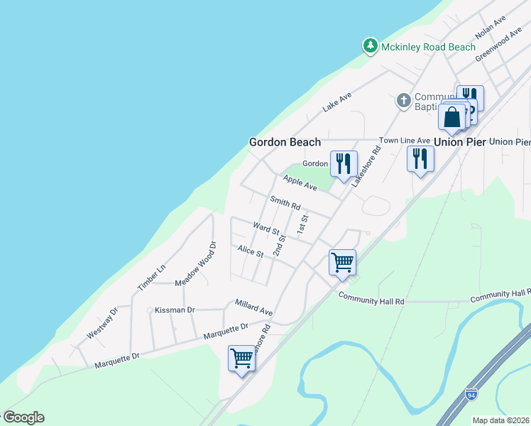 map of restaurants, bars, coffee shops, grocery stores, and more near 10299 Ward Avenue in Union Pier