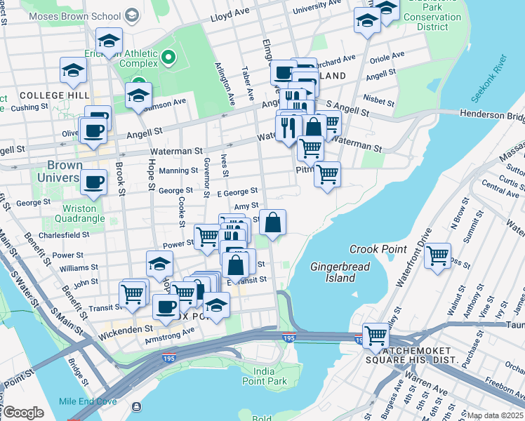 map of restaurants, bars, coffee shops, grocery stores, and more near 74 Preston Street in Providence