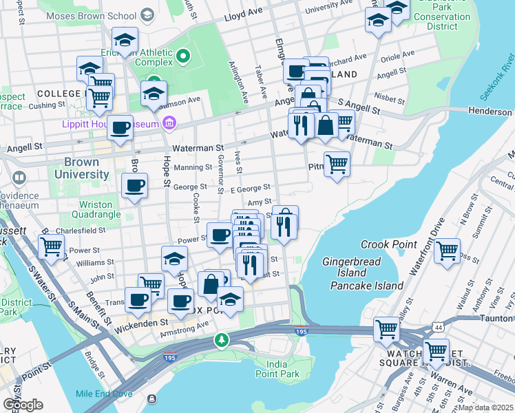 map of restaurants, bars, coffee shops, grocery stores, and more near 74 Preston Street in Providence