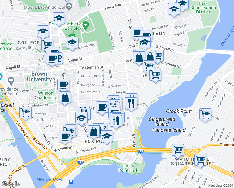 map of restaurants, bars, coffee shops, grocery stores, and more near 226 Ives Street in Providence