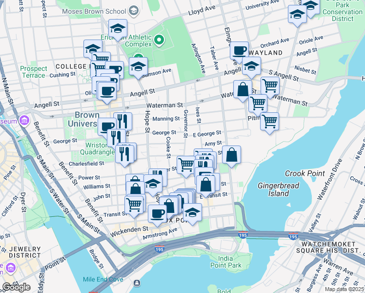 map of restaurants, bars, coffee shops, grocery stores, and more near 118 1/2 Governor Street in Providence