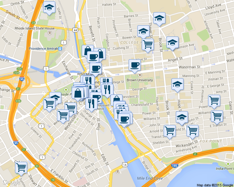 map of restaurants, bars, coffee shops, grocery stores, and more near 15 Hopkins Street in Providence