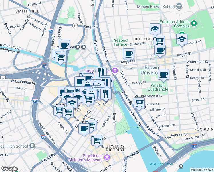 map of restaurants, bars, coffee shops, grocery stores, and more near 17 Custom House Street in Providence