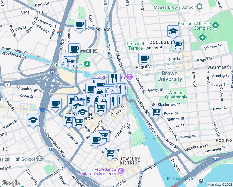 map of restaurants, bars, coffee shops, grocery stores, and more near in Providence