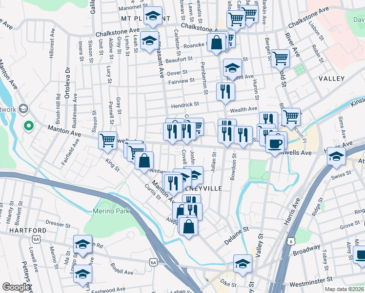 map of restaurants, bars, coffee shops, grocery stores, and more near 36 Amsterdam Street in Providence
