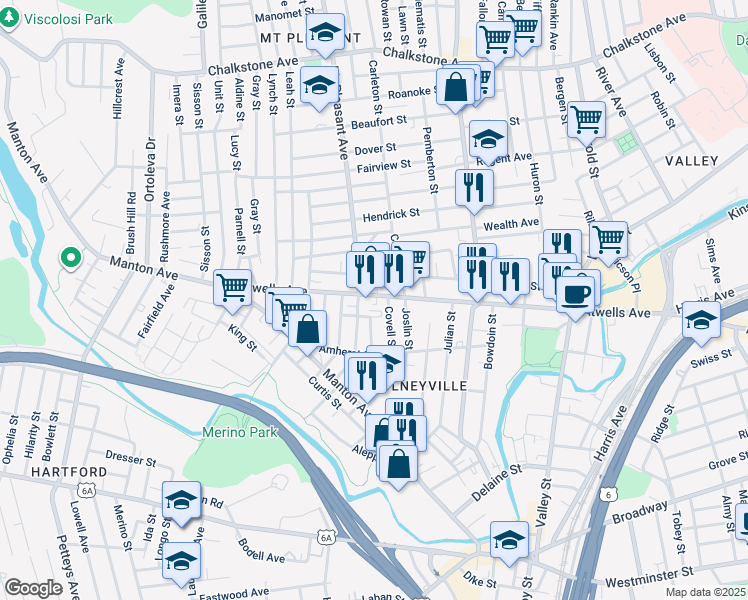 map of restaurants, bars, coffee shops, grocery stores, and more near 36 Amsterdam Street in Providence