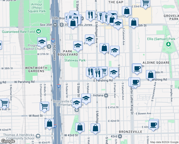 map of restaurants, bars, coffee shops, grocery stores, and more near 3837 South Wabash Avenue in Chicago