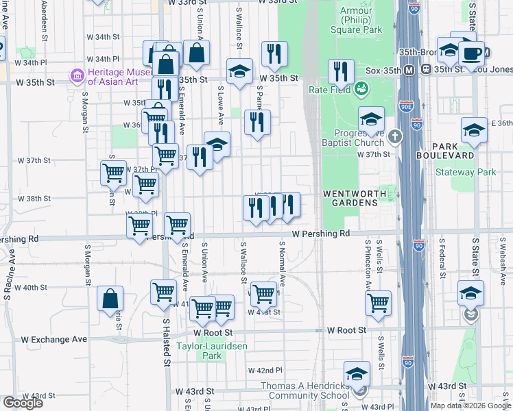 map of restaurants, bars, coffee shops, grocery stores, and more near 3831 South Wallace Street in Chicago
