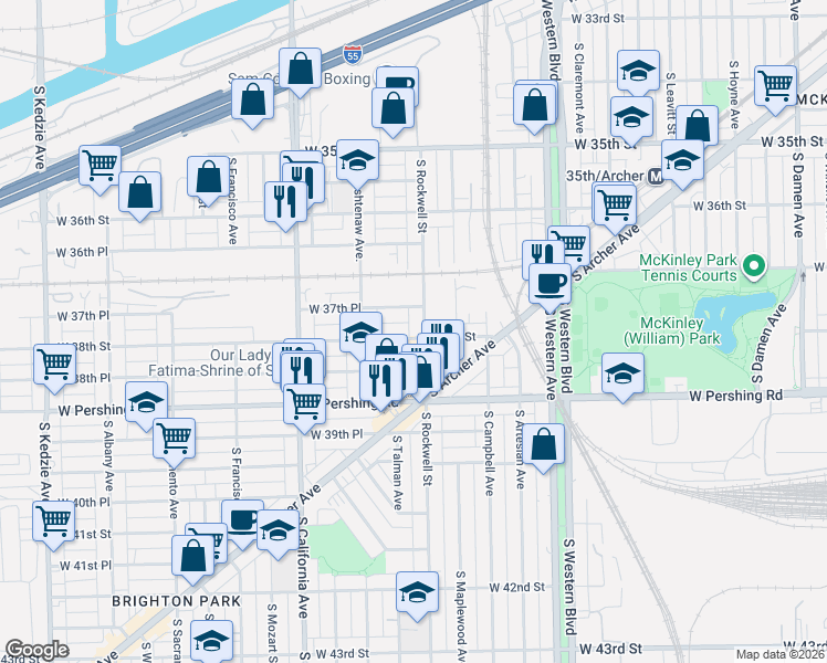 map of restaurants, bars, coffee shops, grocery stores, and more near 2 West 38th Street in Chicago