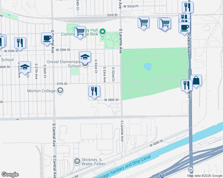 map of restaurants, bars, coffee shops, grocery stores, and more near 3729 South 52nd Court in Cicero